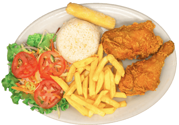 BANDEJA con pollo broaster francesa+arroz+ensalda